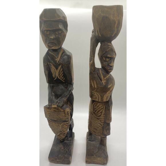 Vintage Tribal African Couple Hand Carved Wooden 12" Sculptures ~ Man & Woman - Picture 2 of 10